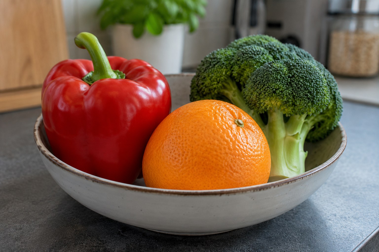 Paprika, Orange und Brokkoli in einer Küchenschale.