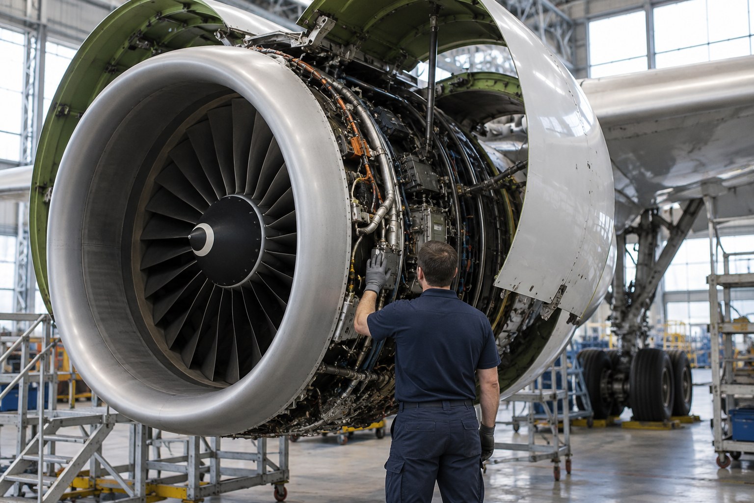 Arbeit an einem zivilen Flugzeugtriebwerk.