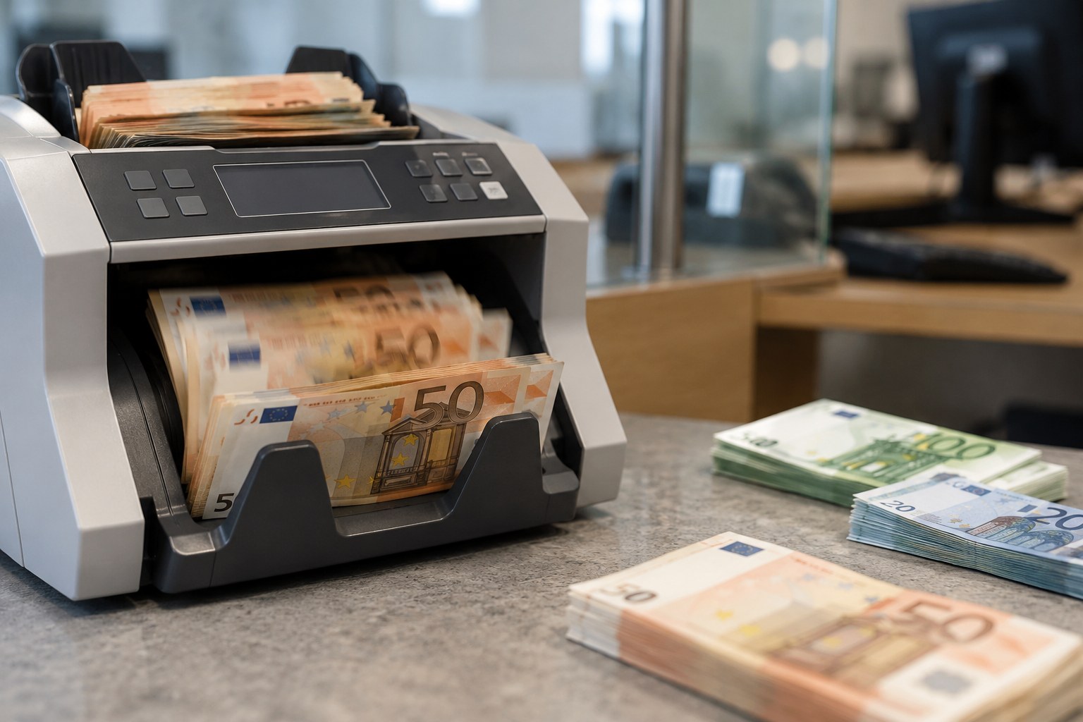Banknotenzählgerät an einem Schalter.
