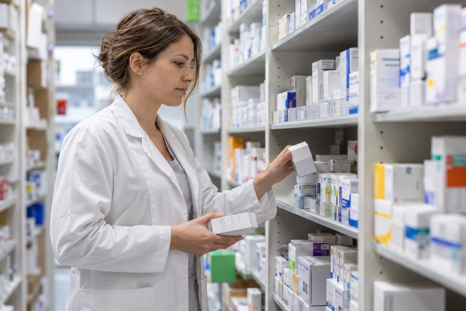 Apothekerin sortiert Arzneimittelpackungen.