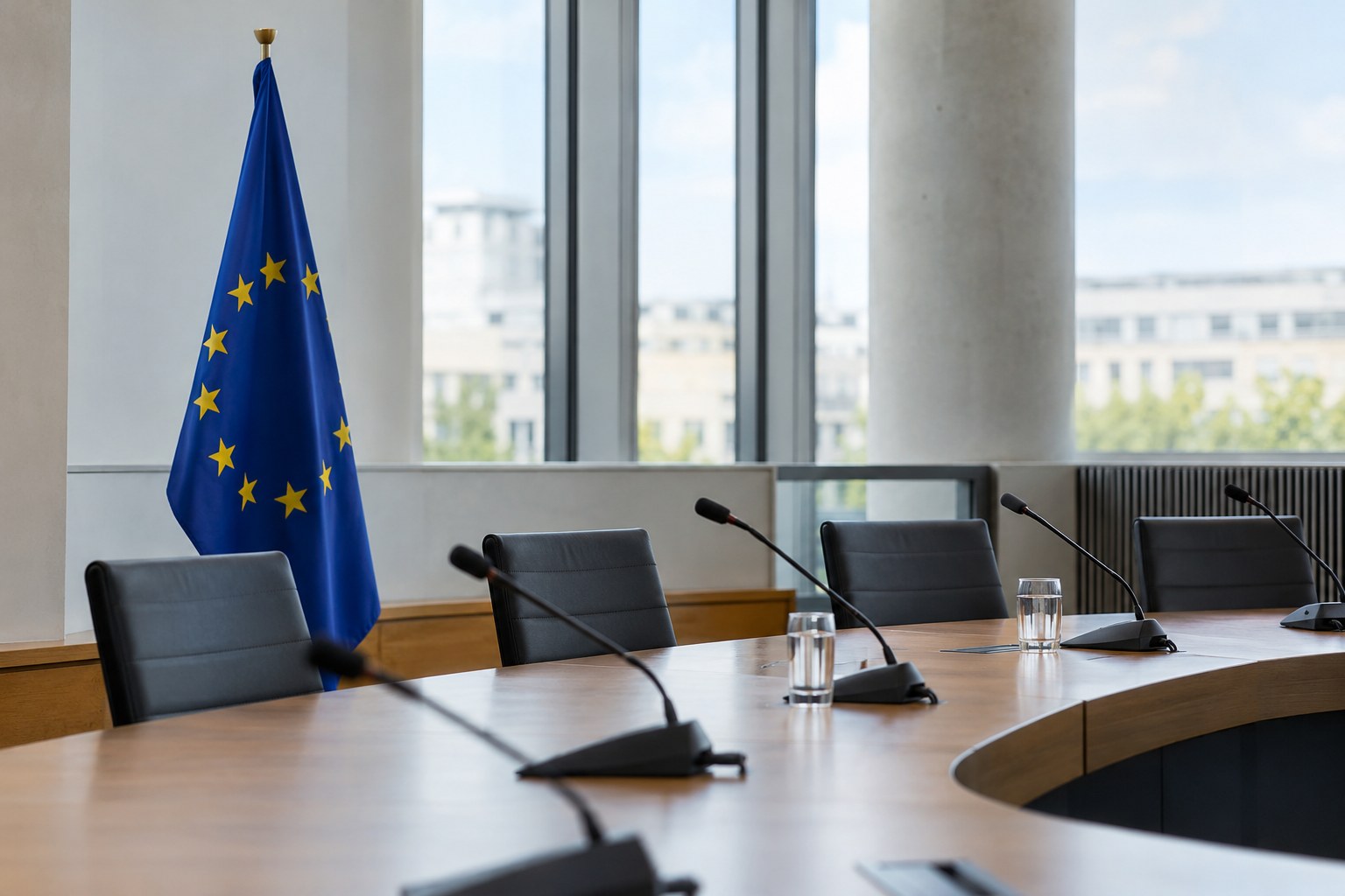 Unbesetzter Konferenzraum mit Europaflagge.