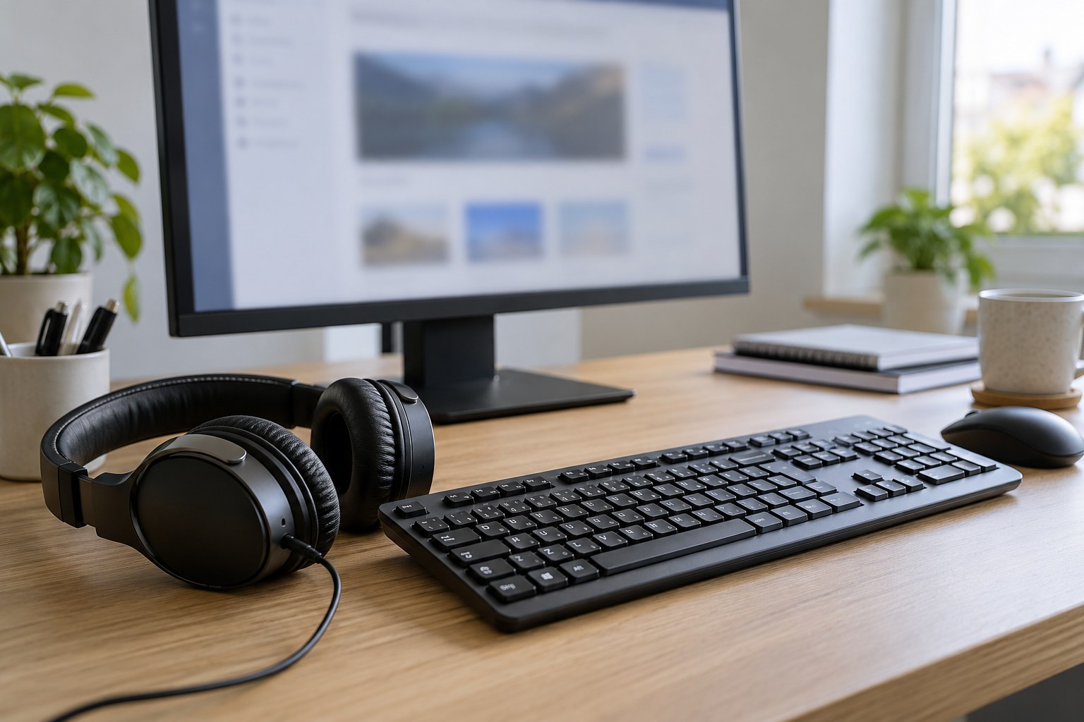 Computertastatur und Kopfhörer an einem Arbeitsplatz.