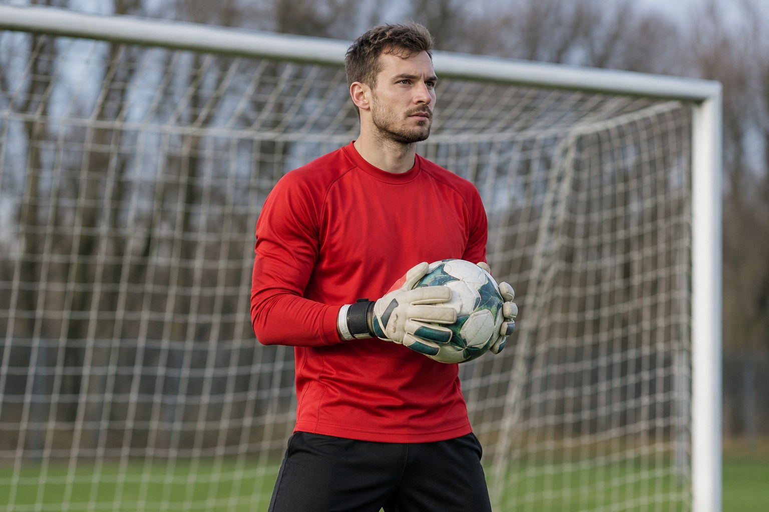 Torwart mit einem Ball vor dem Trainingstor.