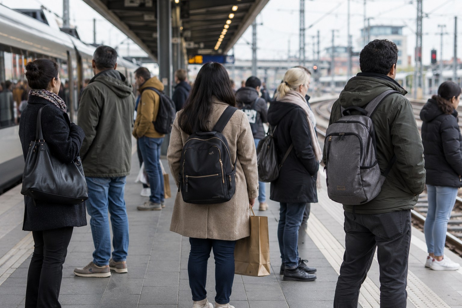 Reisende auf einem Bahnsteig.