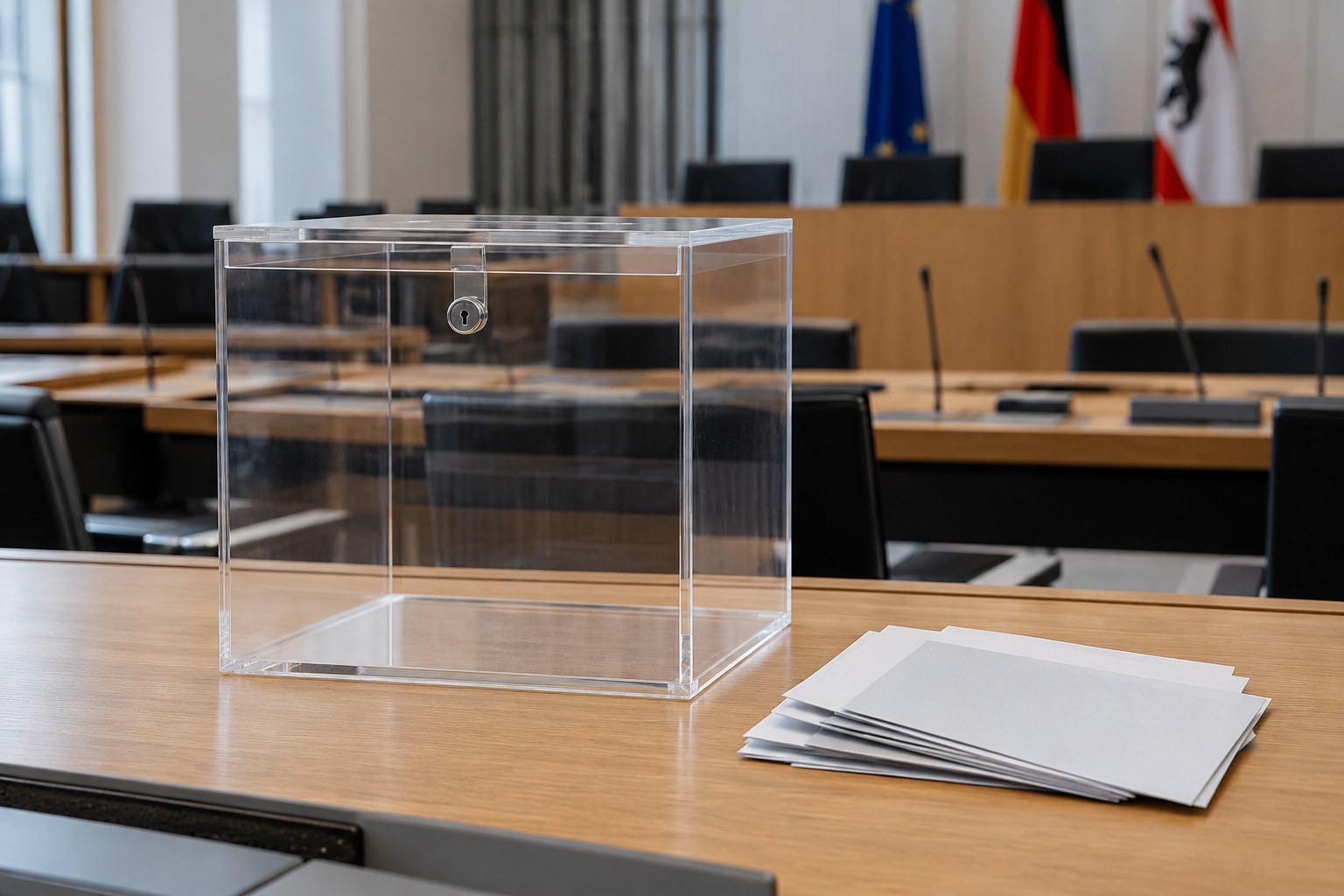 Transparente Wahlurne auf einem Sitzungstisch.