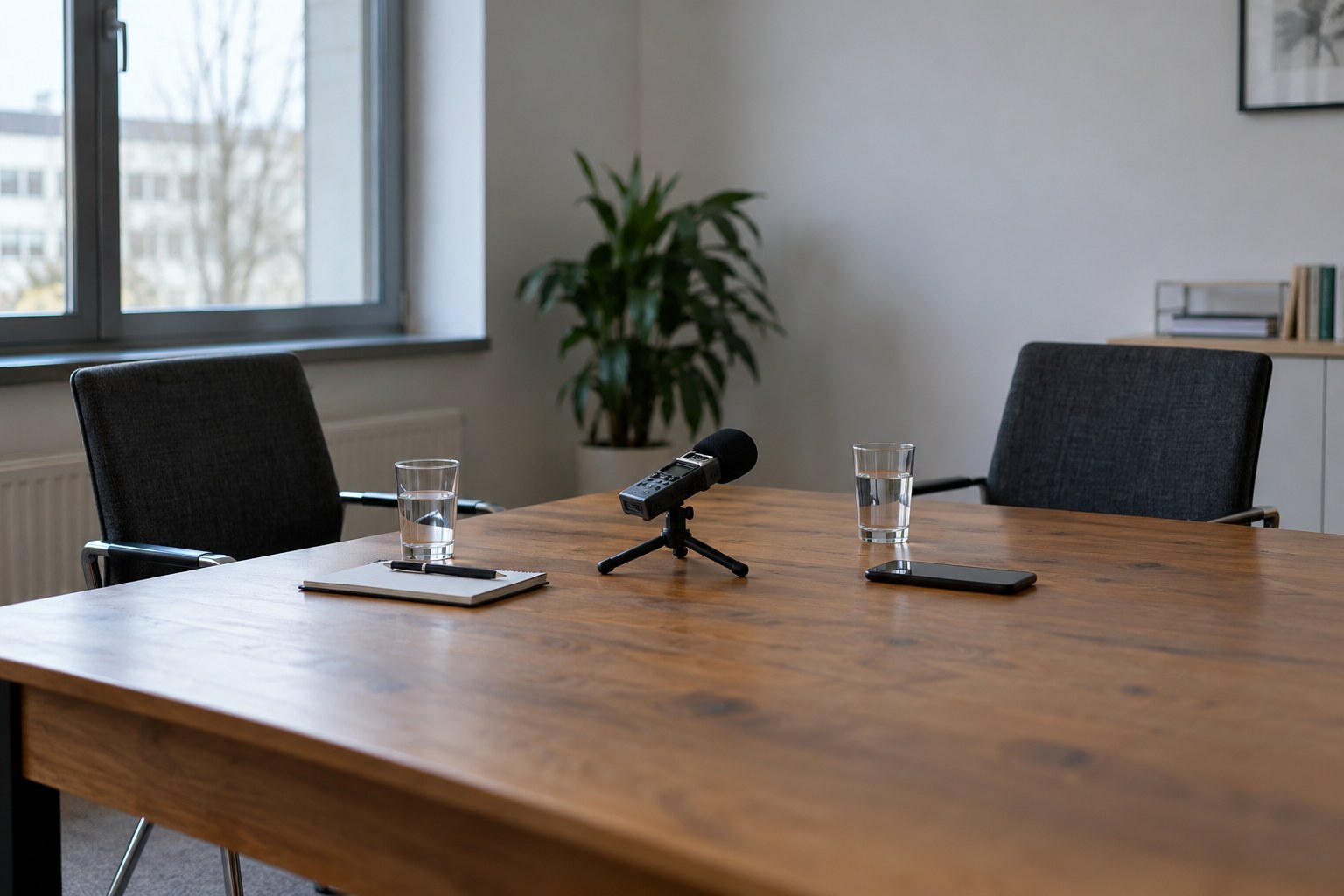 Unbesetzter Interviewplatz mit Aufnahmegerät.