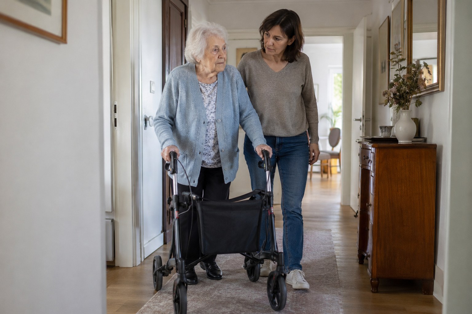 Eine Angehörige begleitet eine Frau mit Rollator.