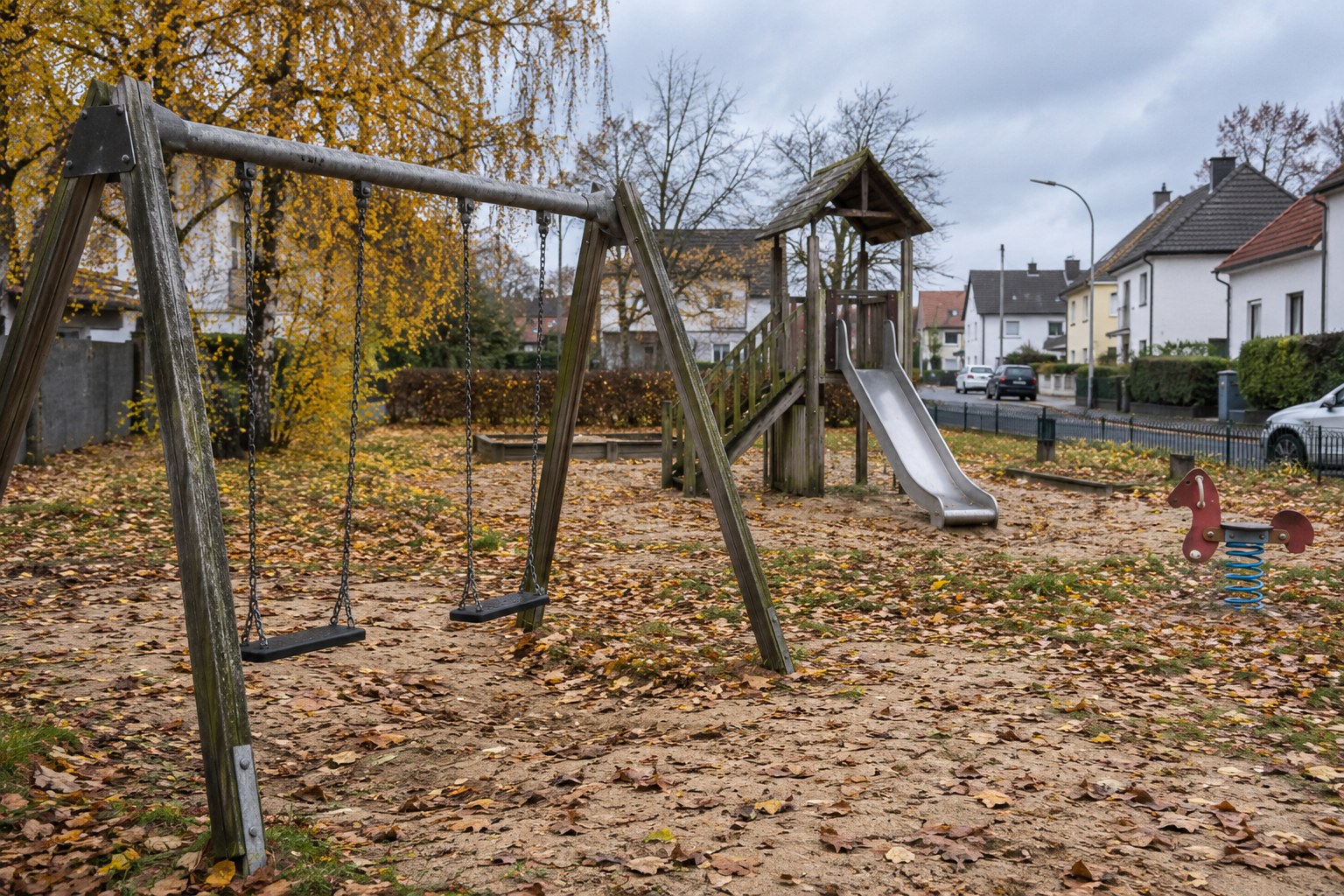 Öffentlicher Spielplatz in einer Wohnstraße.