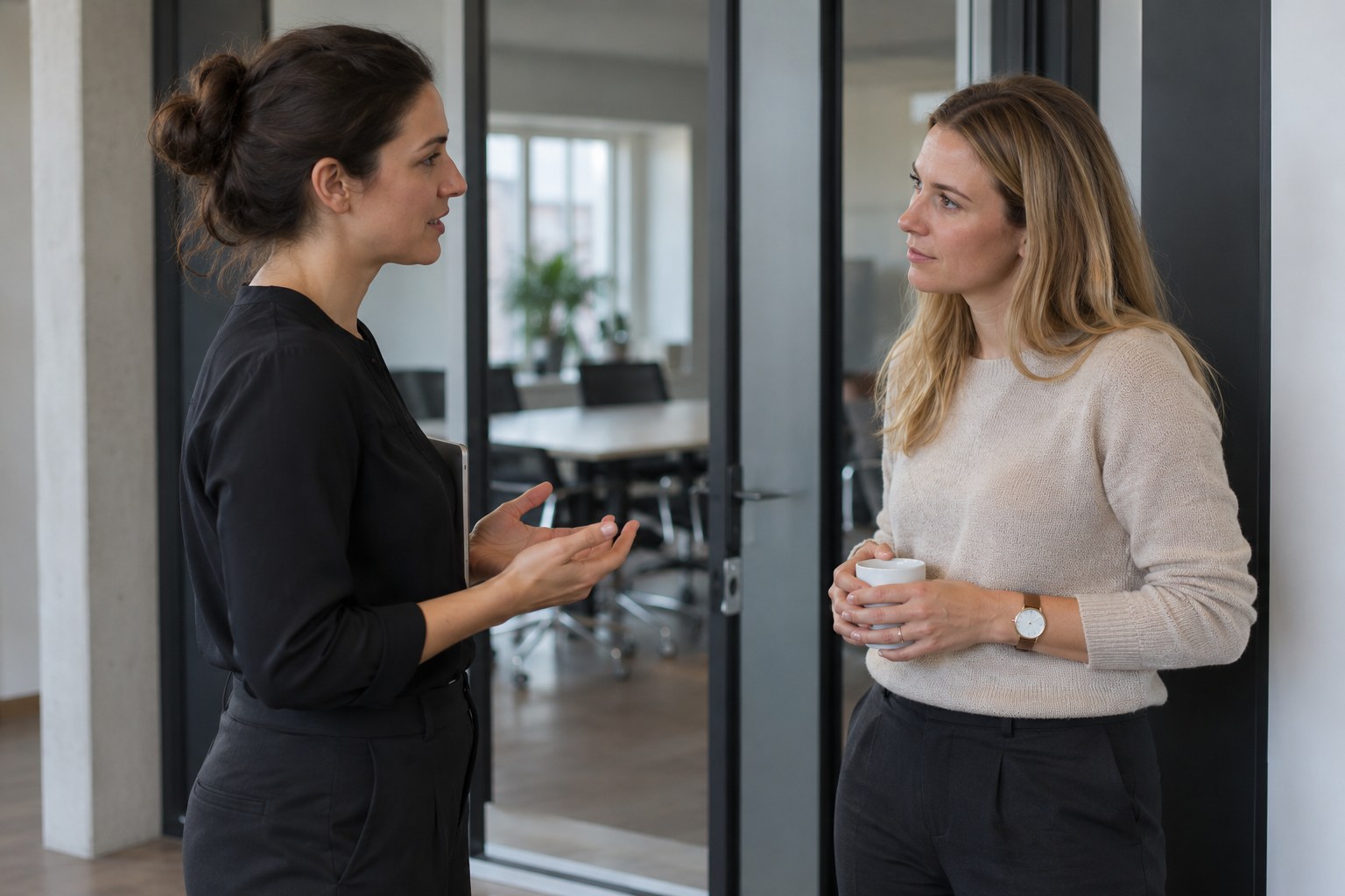 Zwei Frauen im Gespräch vor einem Besprechungsraum.