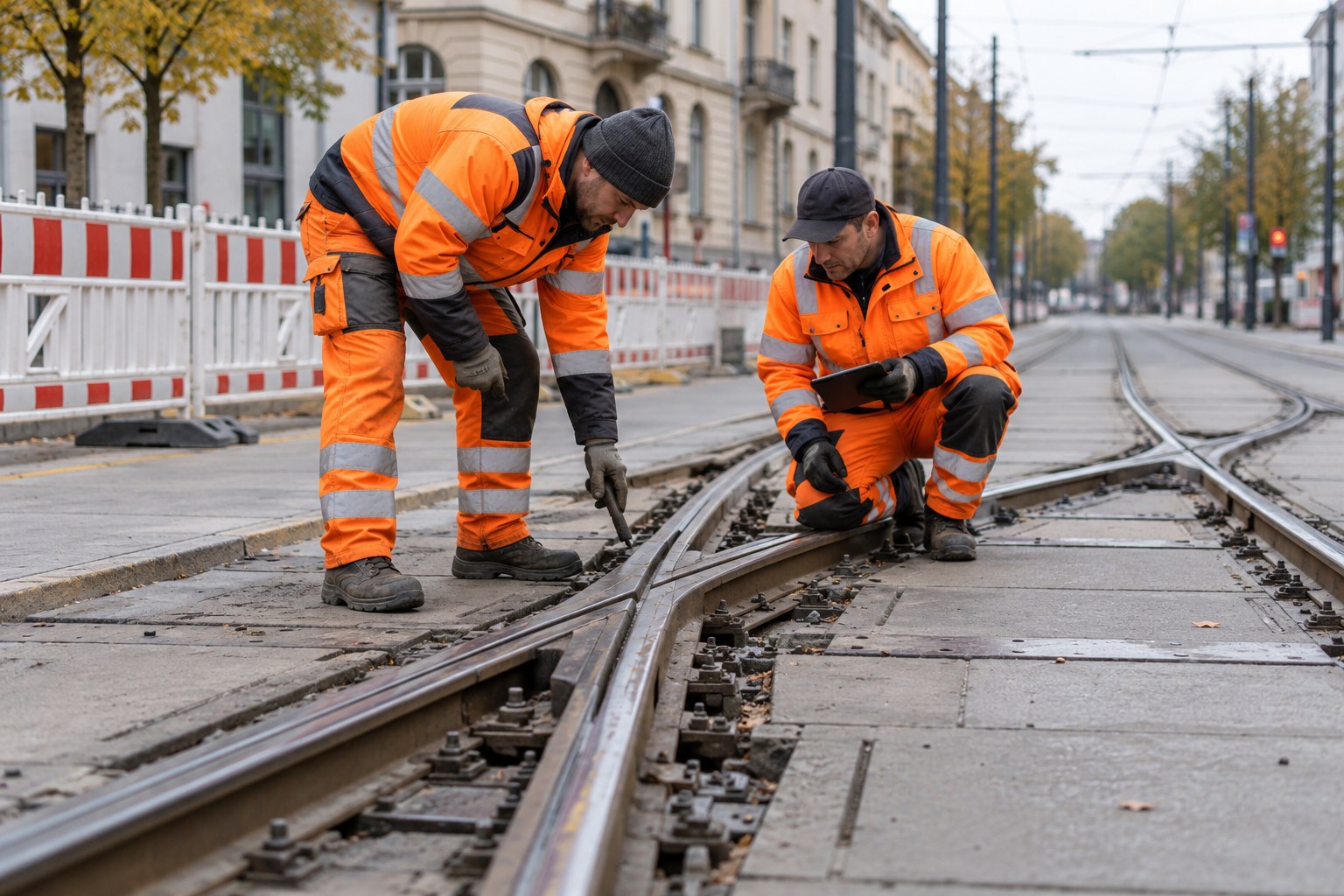 Zwei Gleisbauer kontrollieren eine Straßenbahnweiche.