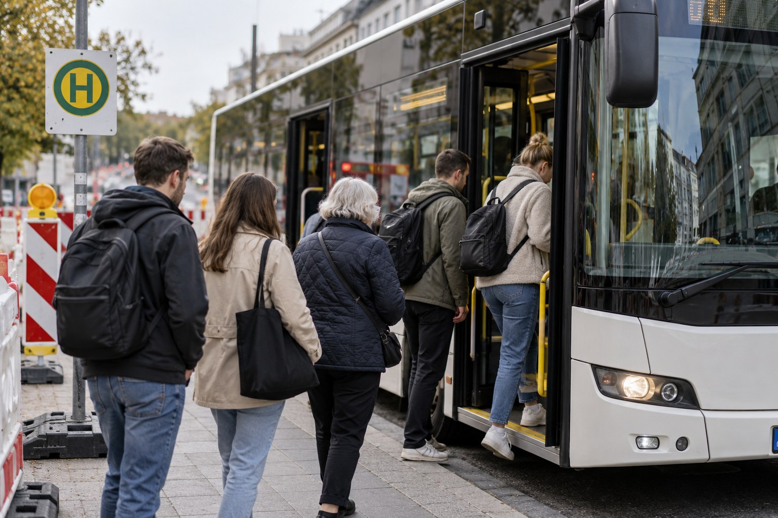Fahrgäste steigen an einer vorübergehenden Haltestelle in einen Bus.