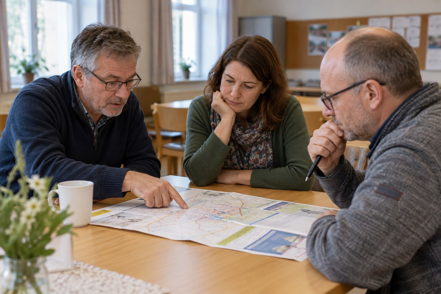 Drei Personen besprechen einen Verkehrsplan im Gemeinderaum.