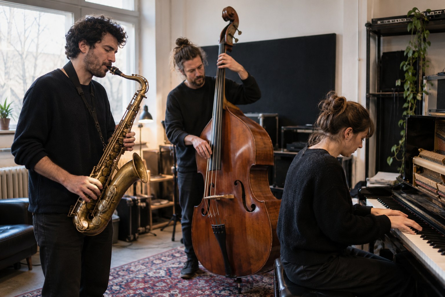 Musiker proben mit Saxofon, Kontrabass und Klavier.