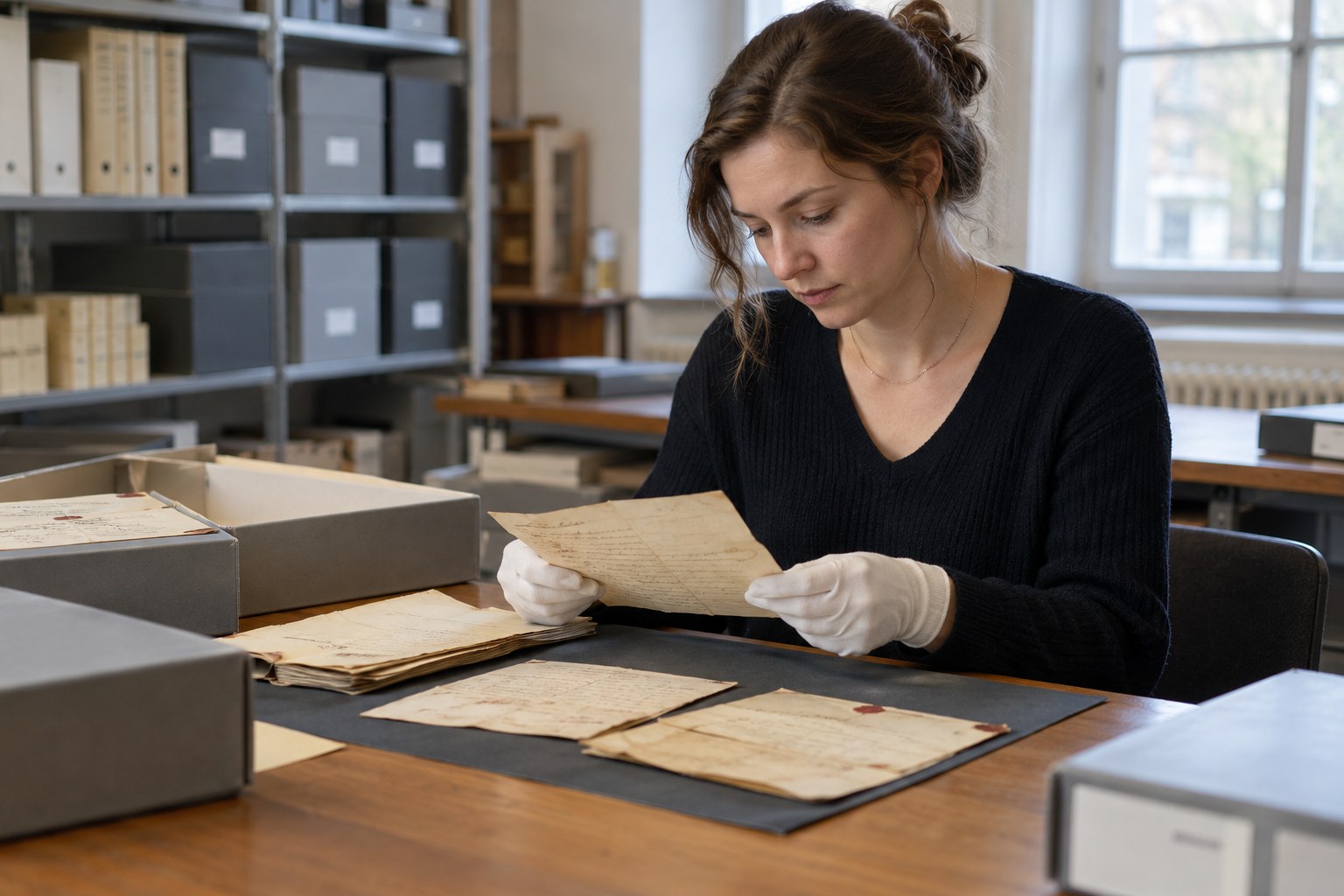 Eine Wissenschaftlerin betrachtet historische Briefe am Archivtisch.