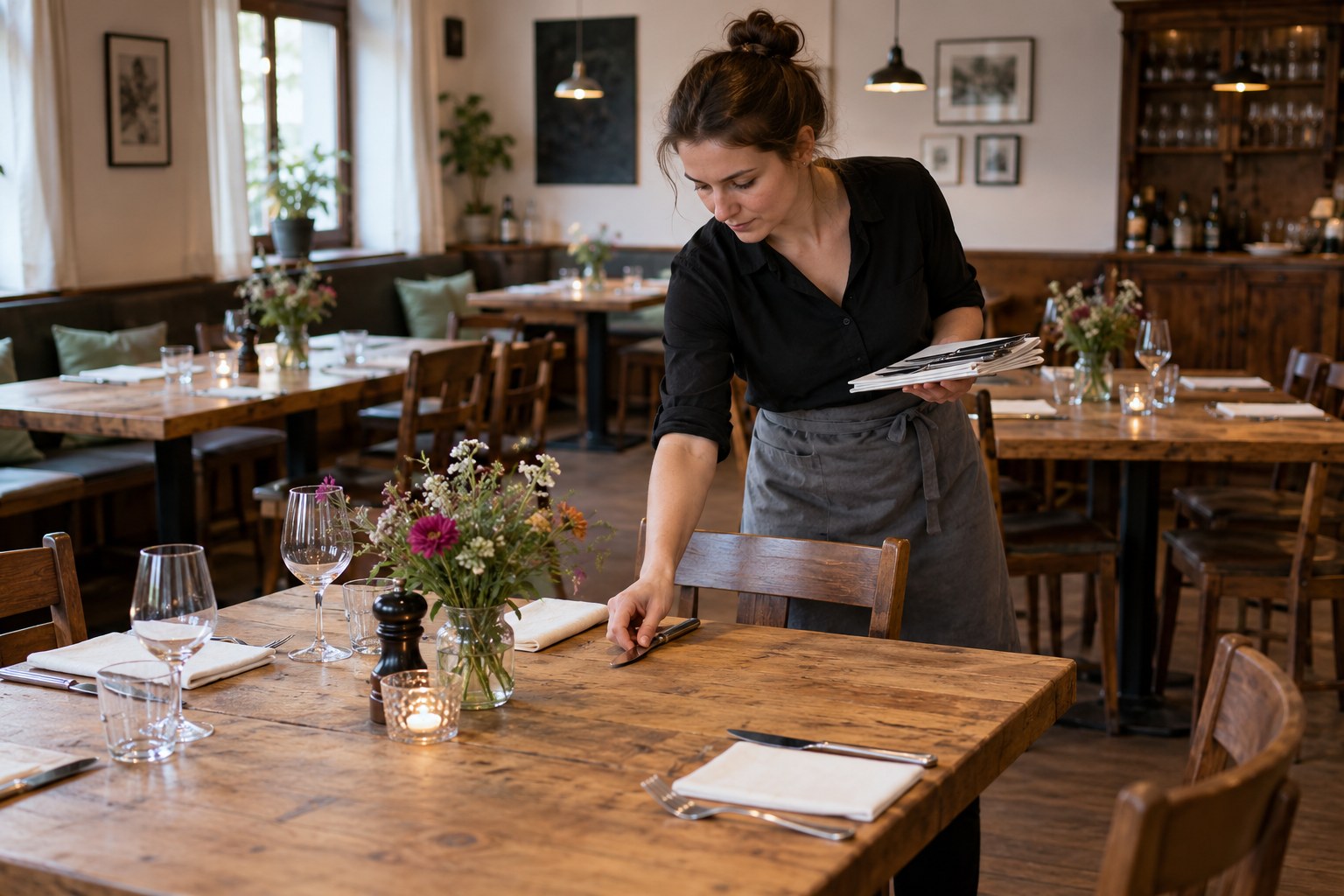Eine Servicekraft deckt Tische in einem Restaurant.