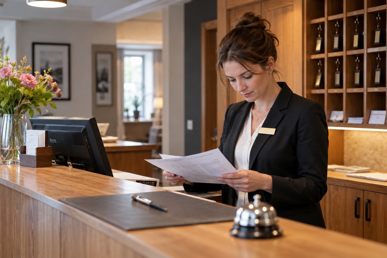 Eine Hotelmitarbeiterin prüft Unterlagen an der Rezeption.