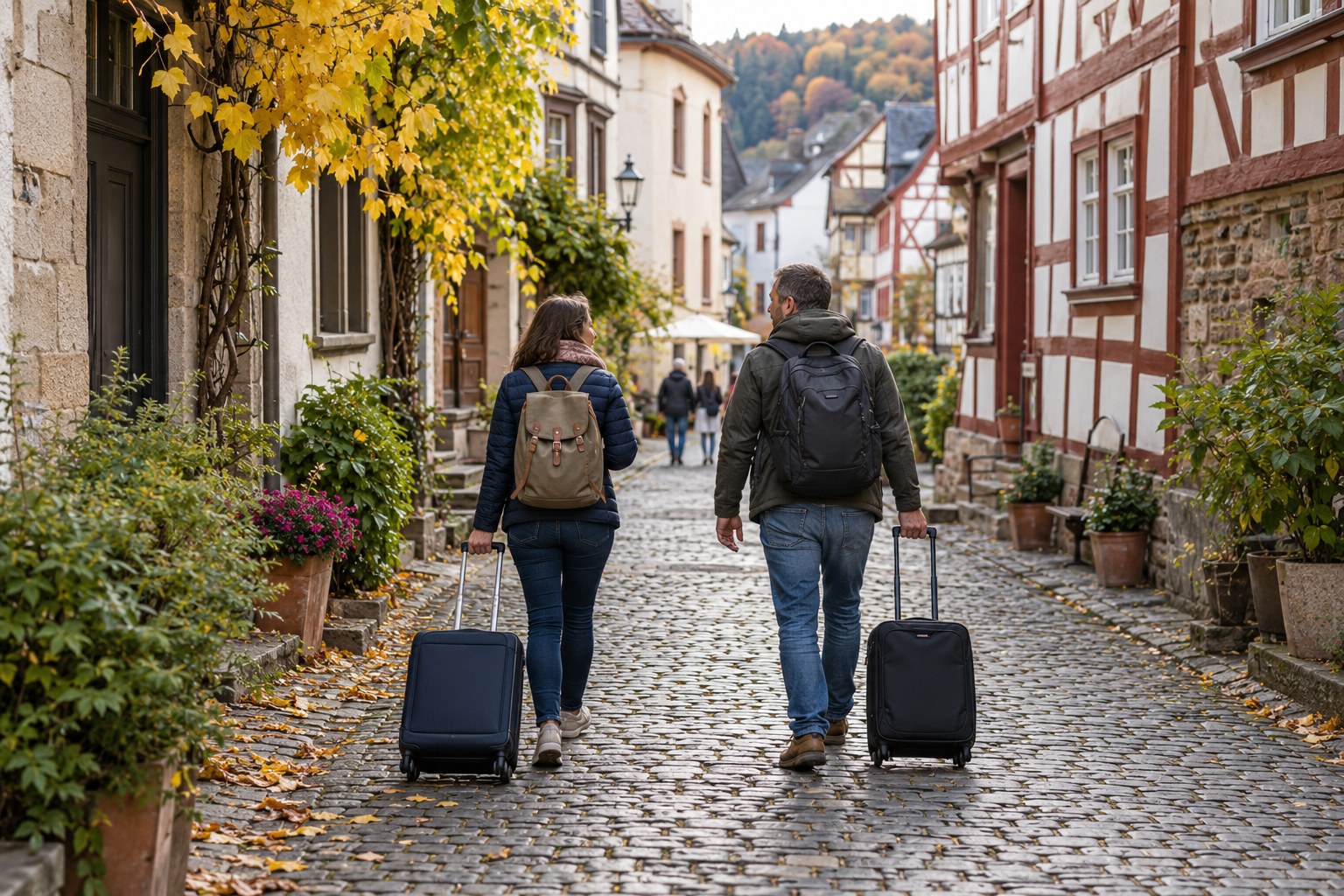 Reisende mit Koffern gehen durch eine Altstadtgasse.