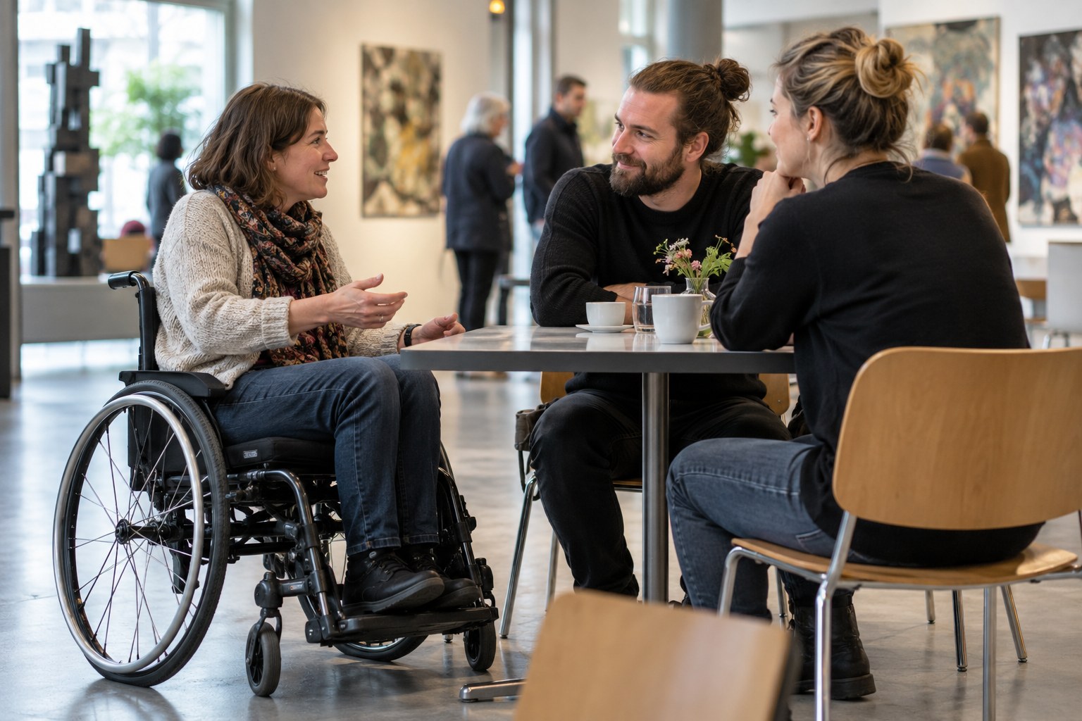 Eine Rollstuhlnutzerin spricht mit anderen Teilnehmenden im Kulturzentrum.