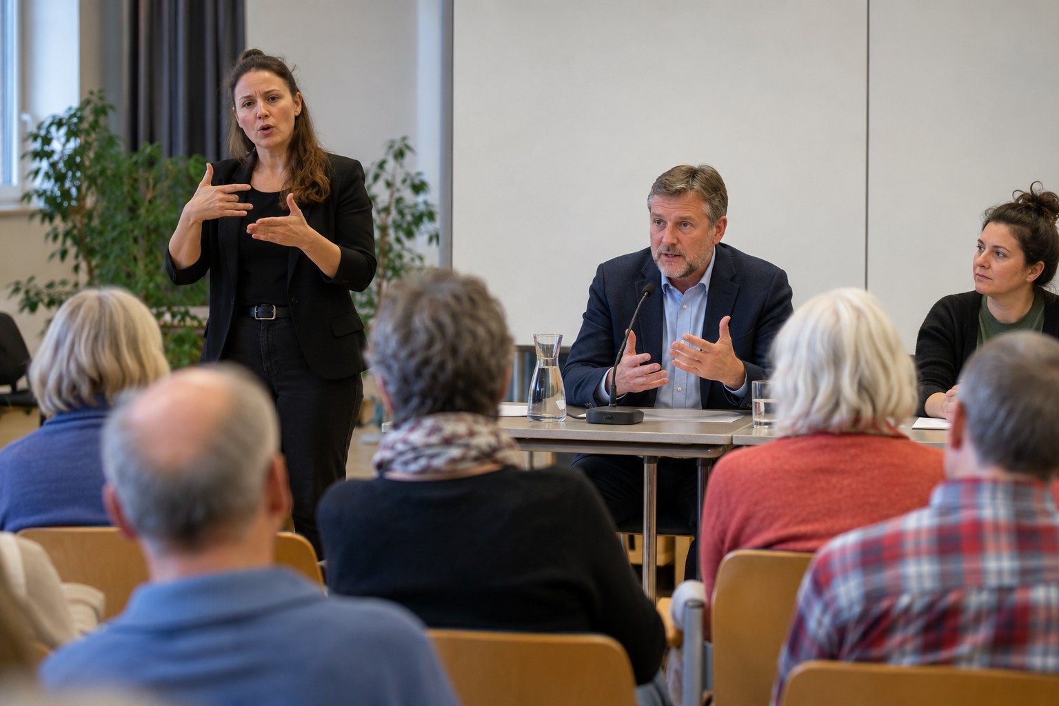 Eine Dolmetscherin begleitet eine Bürgerversammlung.