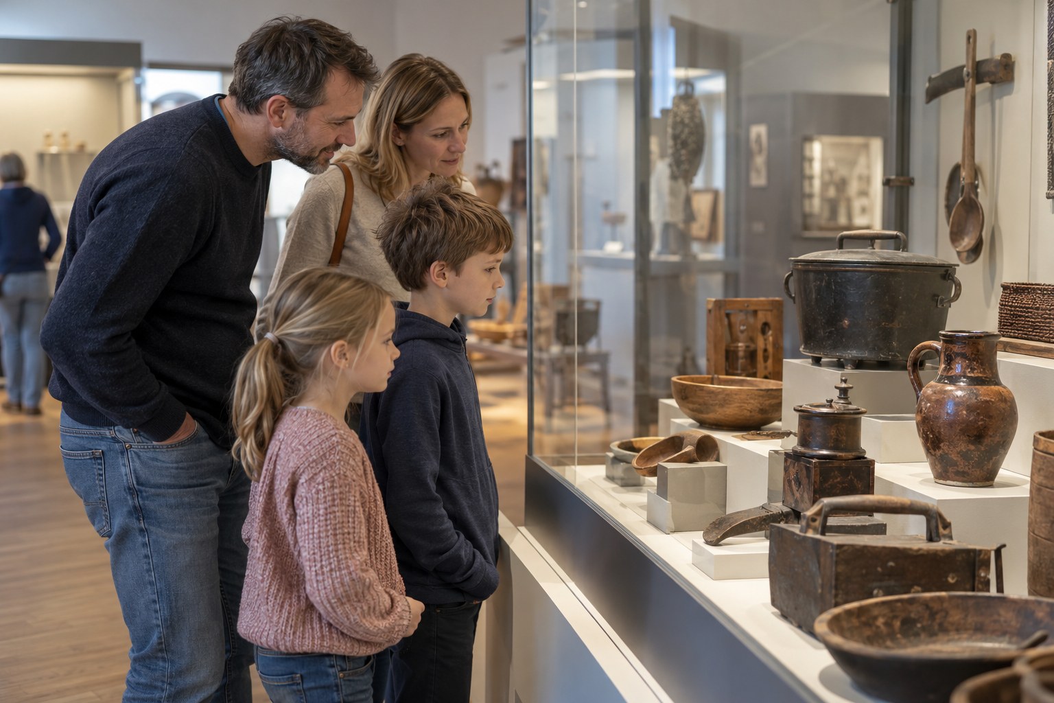 Eine Familie betrachtet historische Alltagsgegenstände im Museum.