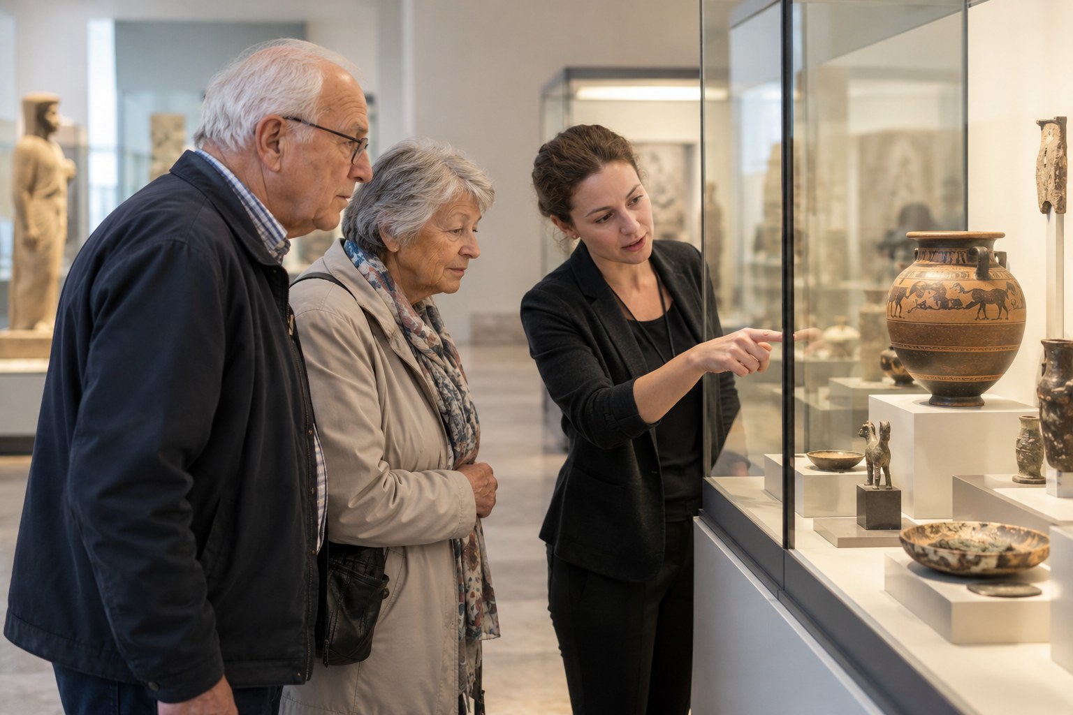 Eine Museumsmitarbeiterin erläutert ein Exponat hinter Glas.