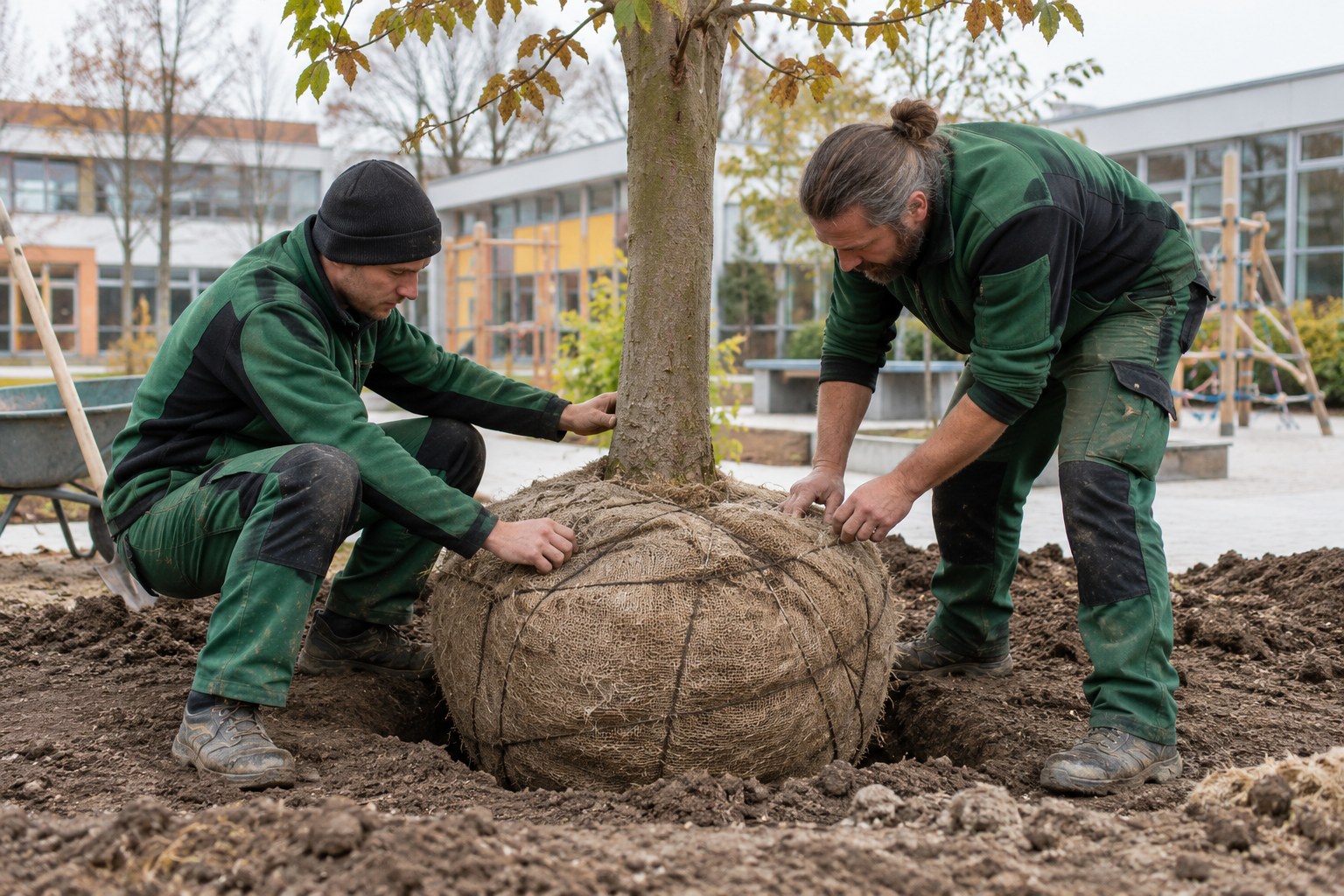 Zwei Gärtner kontrollieren einen eingeschlagenen Wurzelballen.