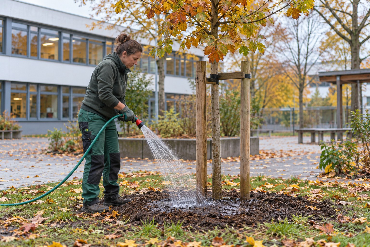 Eine Gärtnerin wässert einen frisch gesetzten Baum.