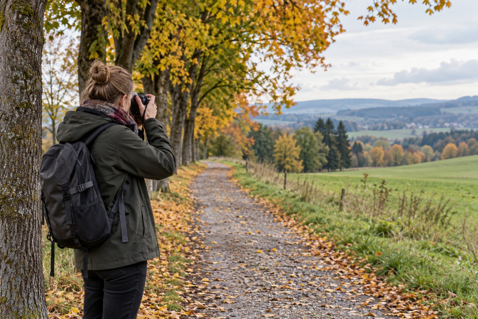 Eine Fotografin steht mit ihrer Kamera an einem Baumweg.