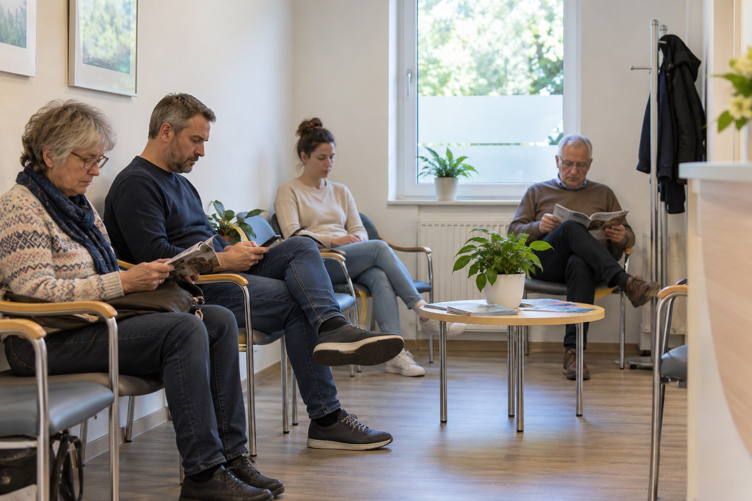 Menschen sitzen im Wartezimmer einer Arztpraxis.