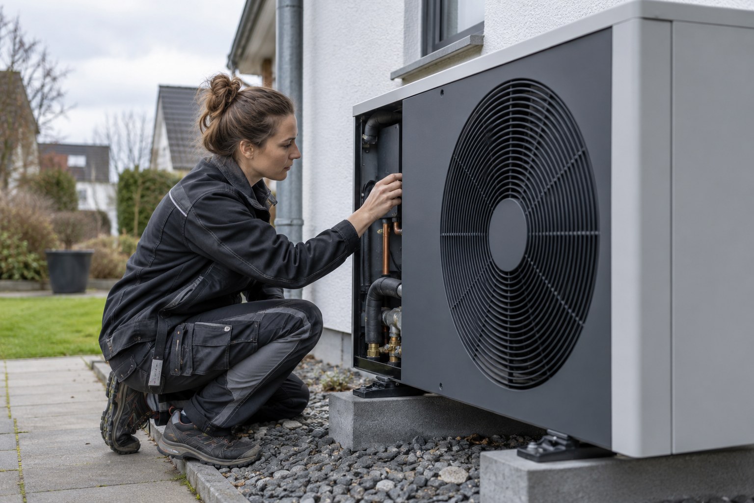 Eine Technikerin kontrolliert eine Wärmepumpe.