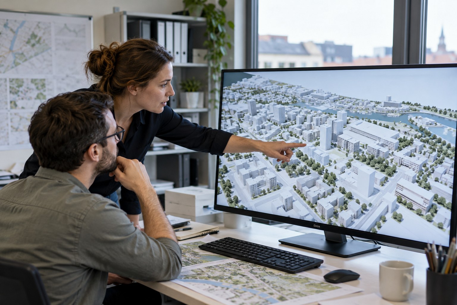 Zwei Stadtplanende betrachten ein digitales Stadtmodell.