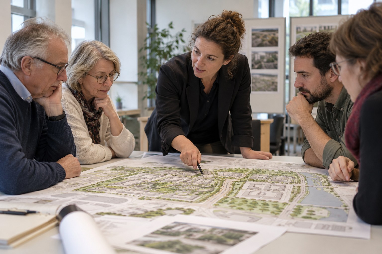 Eine Bürgergruppe bespricht mit einer Planerin einen Quartiersplan.