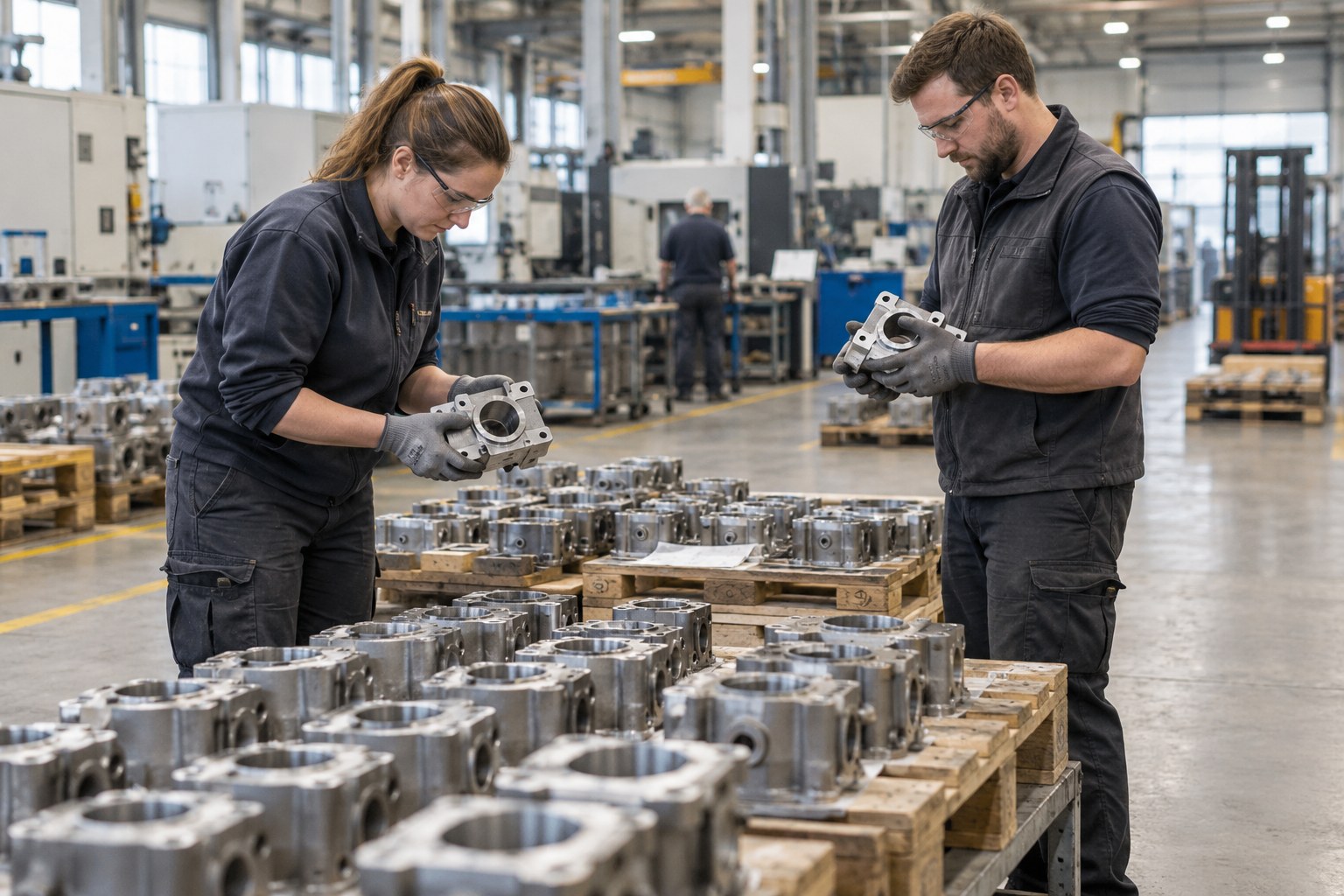 Zwei Beschäftigte prüfen Metallteile in einer Werkhalle.