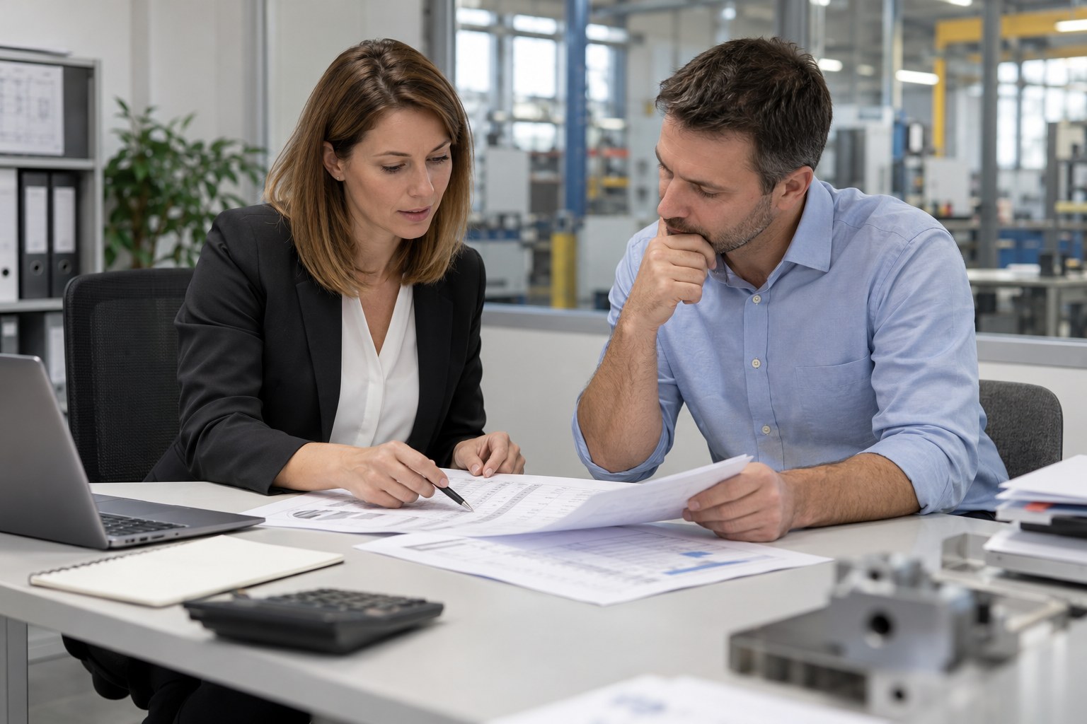 Zwei Fachleute besprechen Kostenunterlagen eines Industriebetriebs.