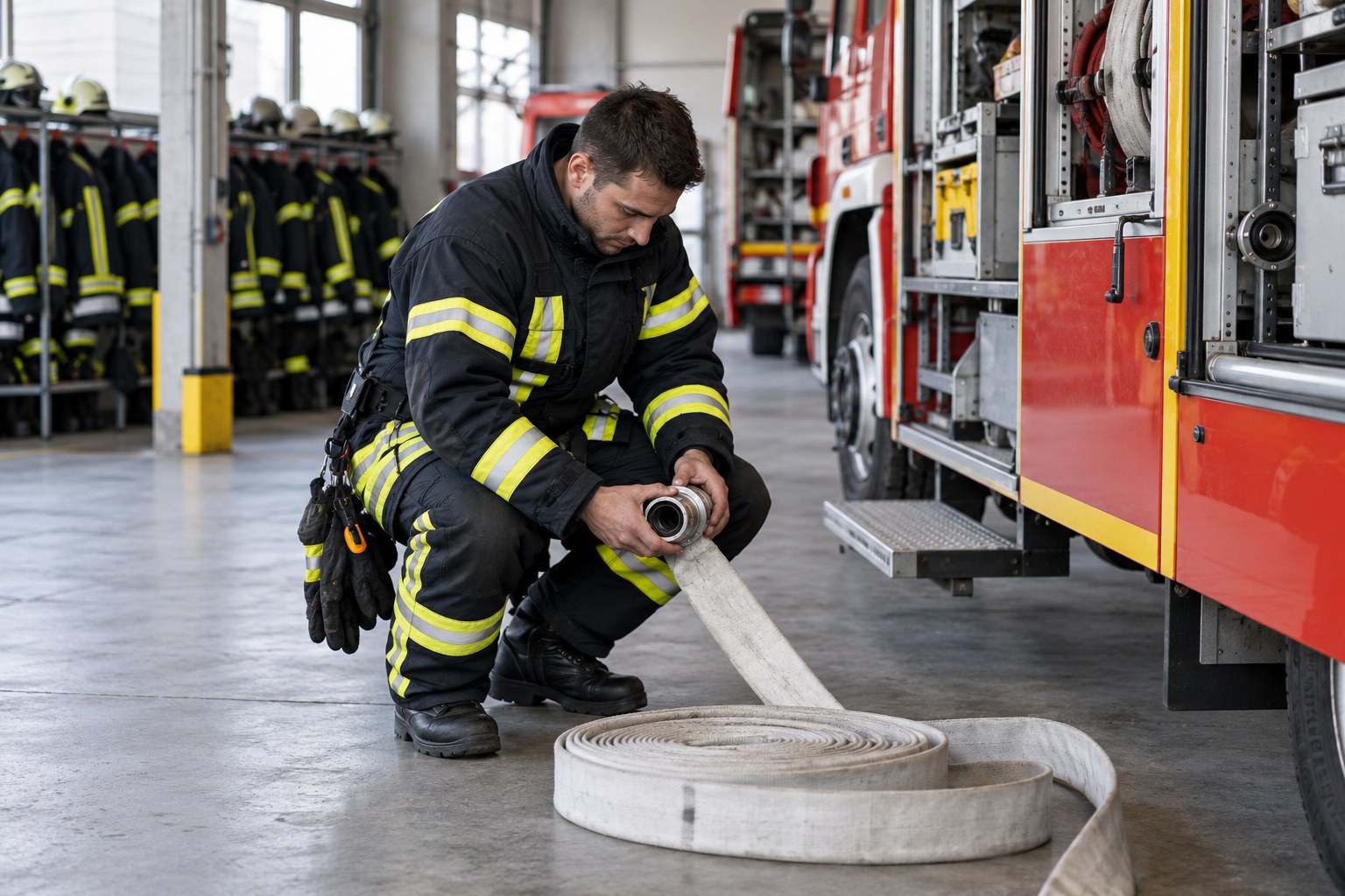 Ein Feuerwehrmann kontrolliert einen Schlauch in der Fahrzeughalle.