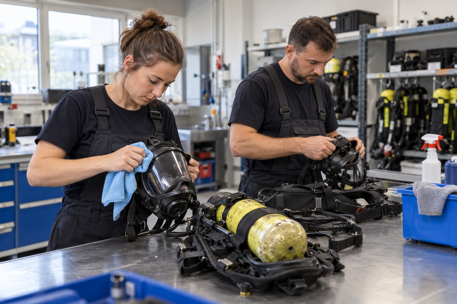 Zwei Feuerwehrkräfte reinigen Atemschutzgeräte.