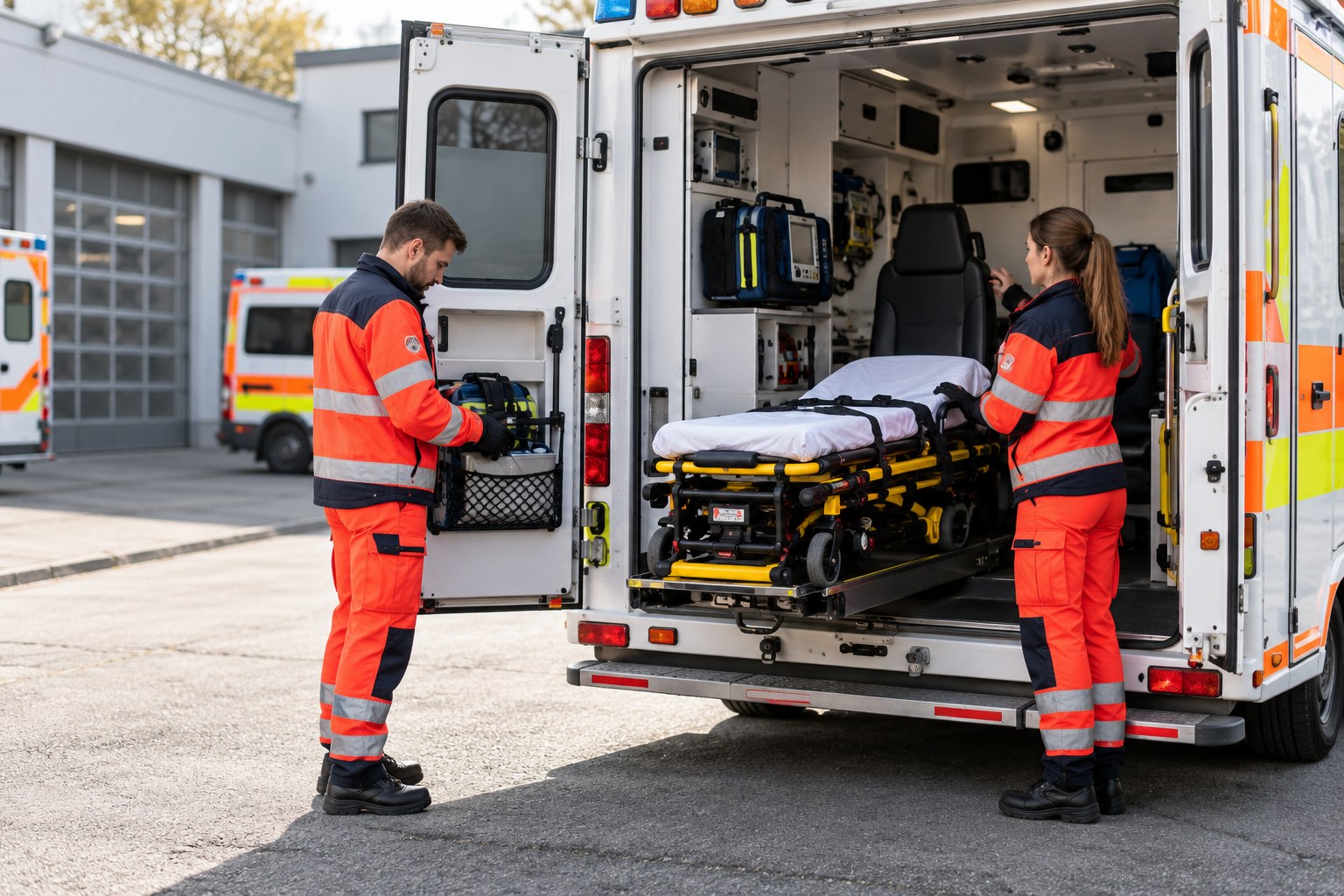 Zwei Rettungskräfte kontrollieren die Ausstattung eines Rettungswagens.