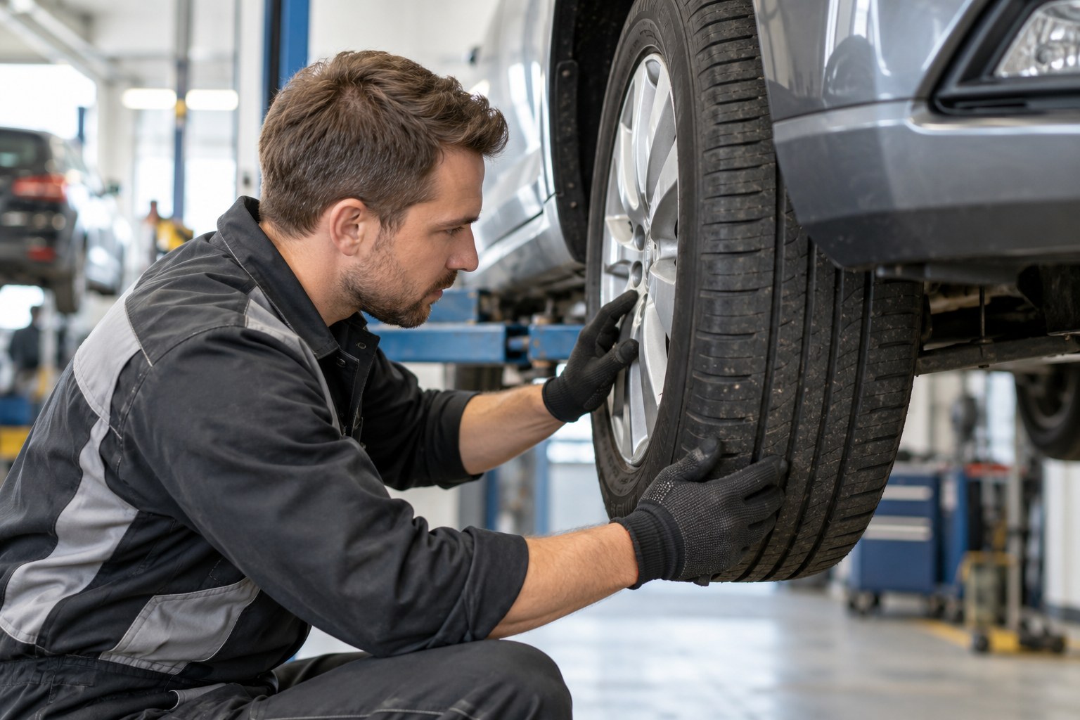 Ein Mechaniker prüft ein Rad in einer Autowerkstatt.