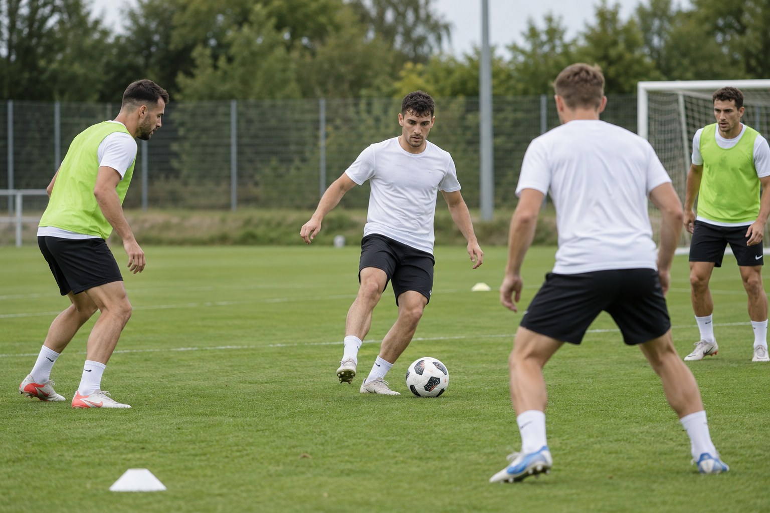 Fußballspieler üben kurze Pässe auf einem Trainingsplatz.