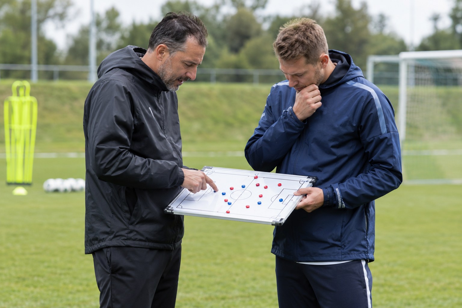 Zwei Trainer besprechen eine Aufstellung am Taktikbrett.
