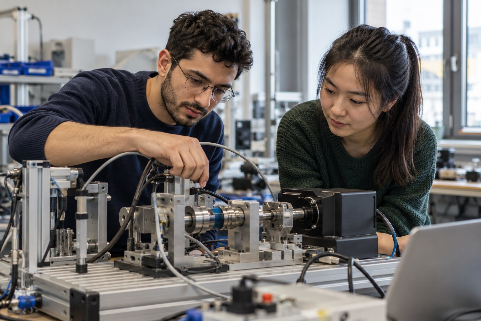 Zwei Studierende arbeiten an einem technischen Prüfstand.