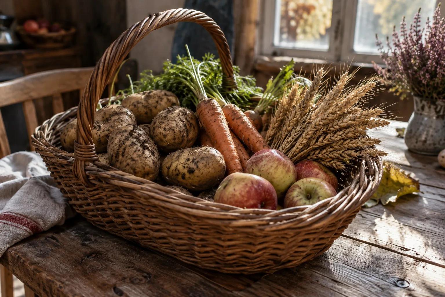 Korb mit Kartoffeln, Äpfeln, Möhren und Getreideähren.