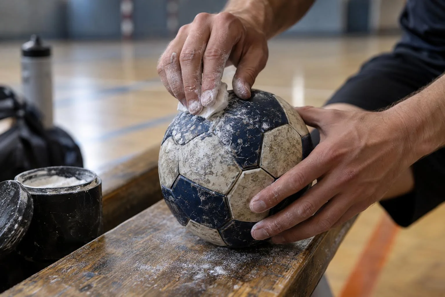 Ein Handballtorwart springt in einer Halle nach einem Ball.