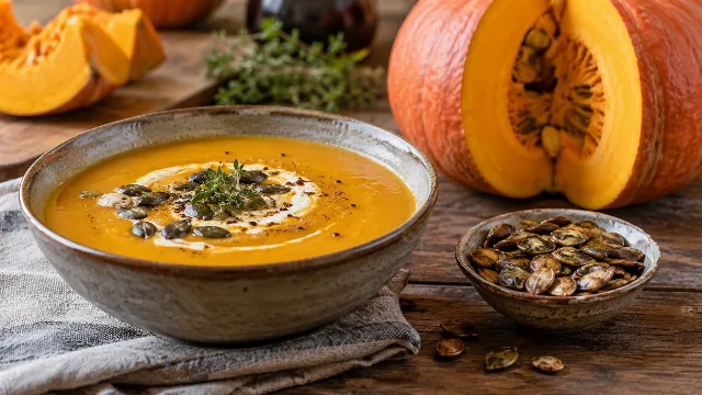 Kürbissuppe, orangefarbener Speisekürbis und geröstete Kerne auf einem Holztisch.