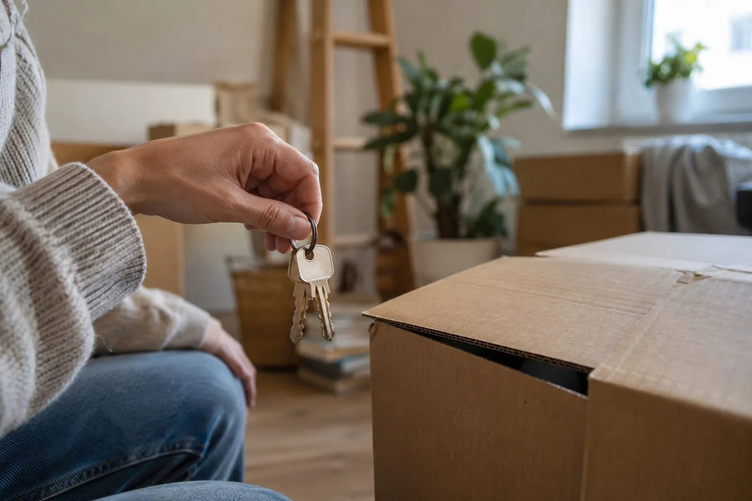 Eine Hand mit Wohnungsschlüsseln neben einem Umzugskarton.