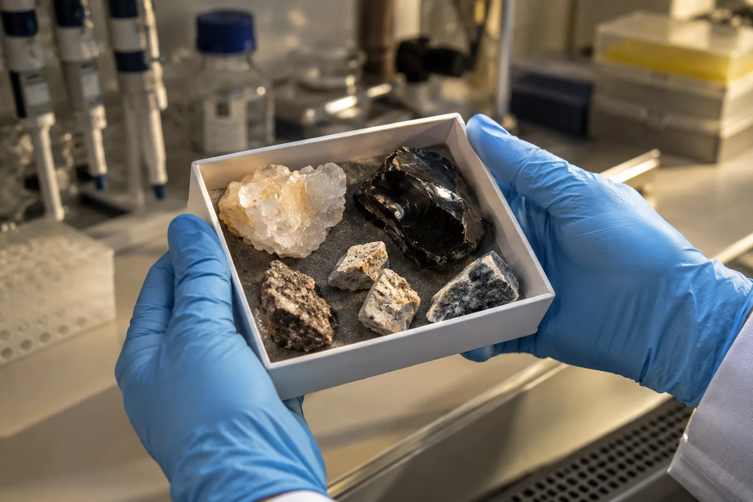 Mineralproben in behandschuhten Händen vor einem Laborarbeitsplatz.