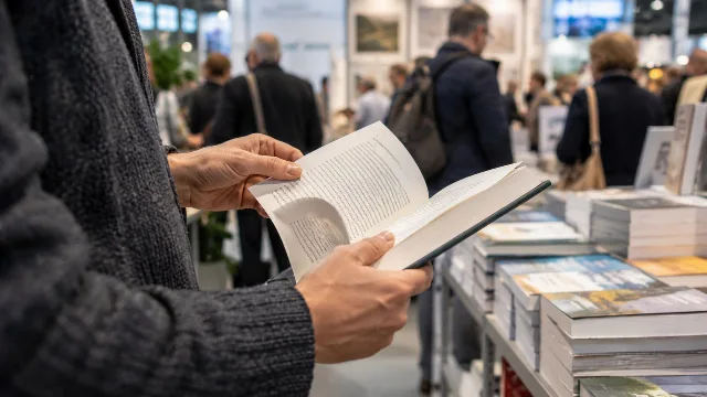 Hände blättern in einem Buch an einem belebten, fiktiven Messestand.