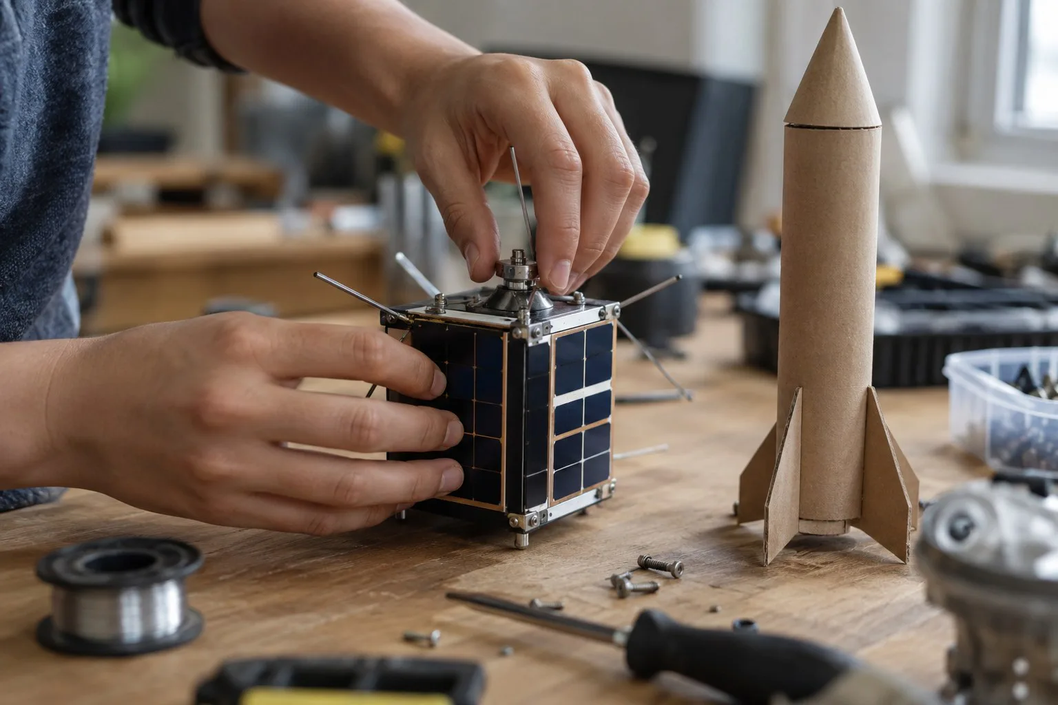 Hände an einem kleinen Satellitenmodell neben einer Modellrakete.