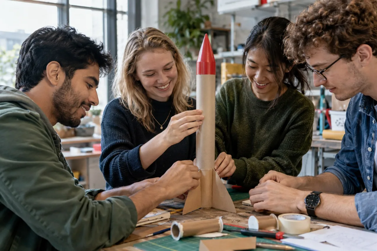 Fiktive Workshopgruppe baut ein einfaches Raketenmodell.