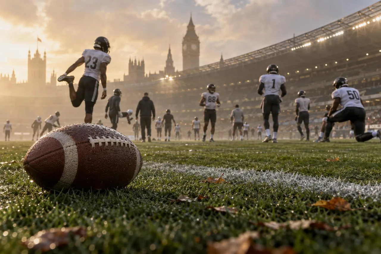 KI-generiertes Symbolbild: Ein Football liegt auf dem Spielfeld, während Spieler sich vor einem internationalen NFL-Spiel aufwärmen.